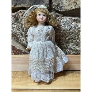 Vintage Porcelain Doll Marked JM 06. White Lace Dress. Shoes 8.5" Blue eyes